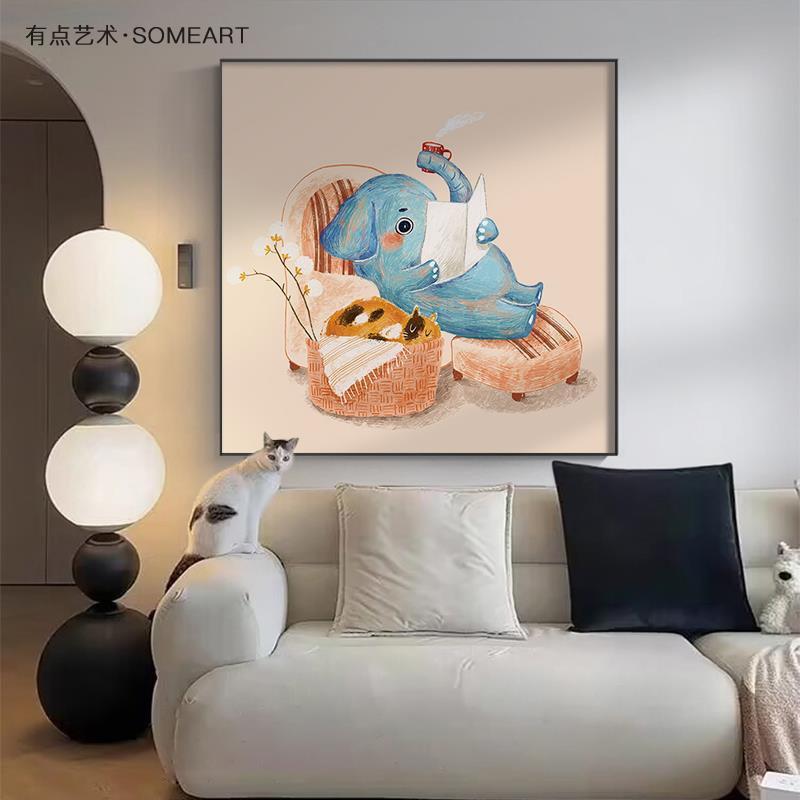 卡通动漫儿童房装饰画 画大象小动物房间壁画 画现代简约卧室床头图片