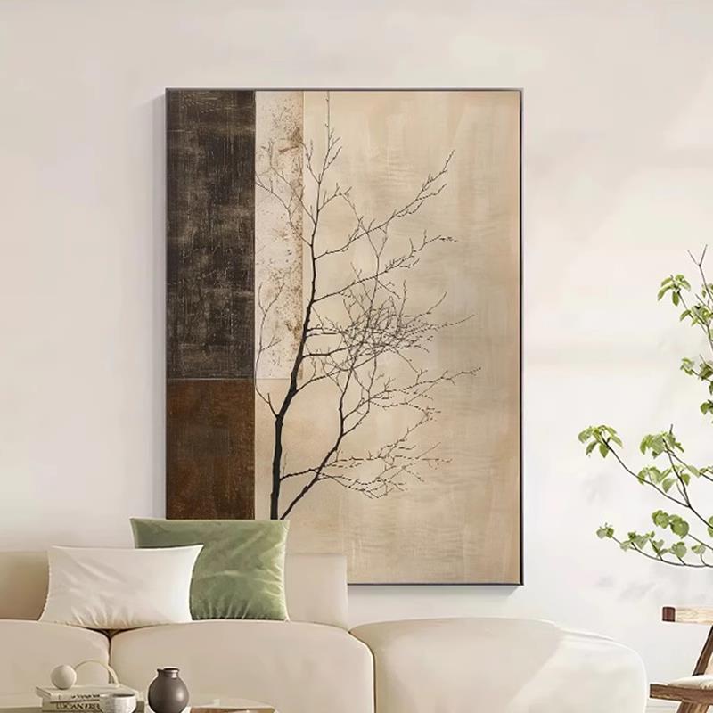 新中式复古装饰画中古风侘寂风树枝原木风玄关走廊挂画客厅落地画图片