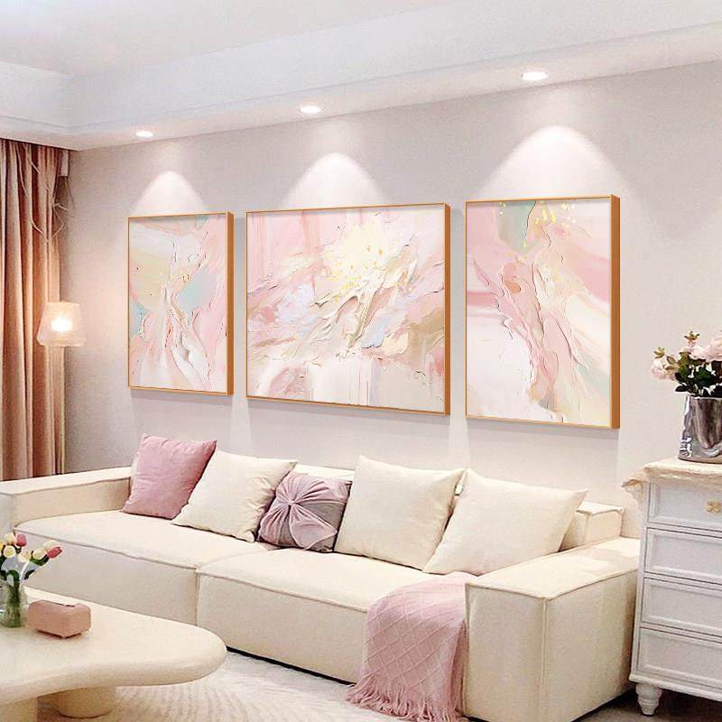 奶油风客厅装饰画抽象肌理感三联壁画现代简约粉色沙发背景墙挂画,家居饰品,现代装饰画,淘宝优惠券,粉丝福利购,淘宝优惠卷