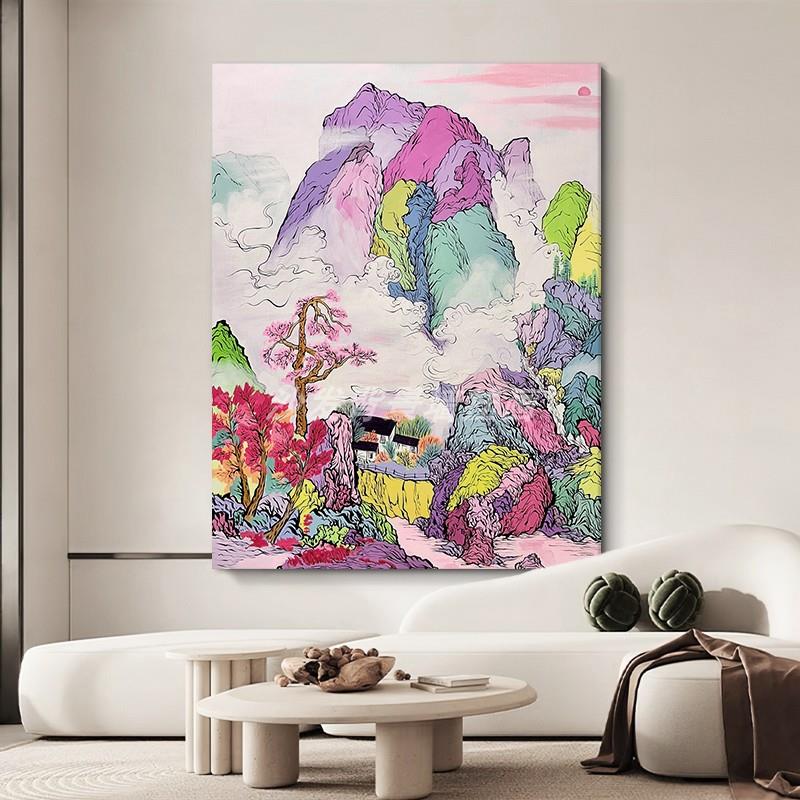 玄关高山流水生财手绘油画客厅紫气东来装饰壁画抽象彩色风景挂画图片
