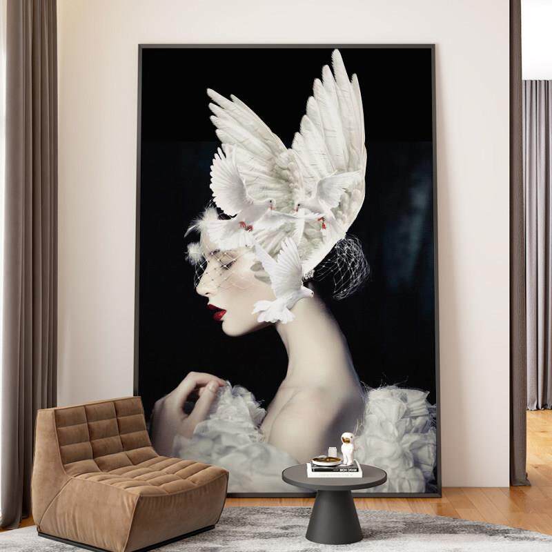现代简约羽毛人物装饰画轻奢玄关走廊挂画北欧竖版客厅背景墙壁画
