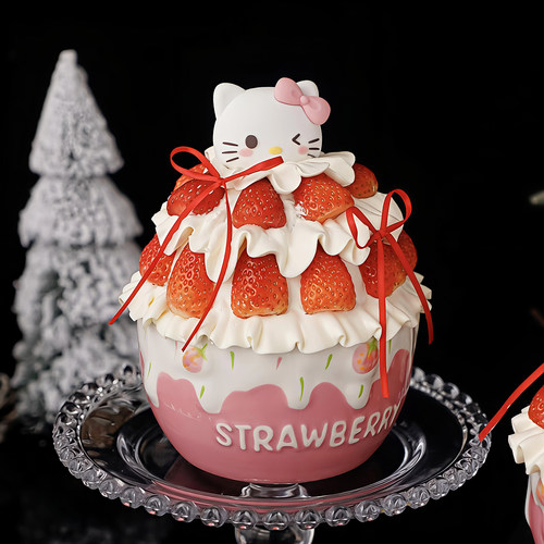 包邮网红新年圣诞节韩国ins风kitty猫草莓蛋糕三只小熊甜品陶瓷碗