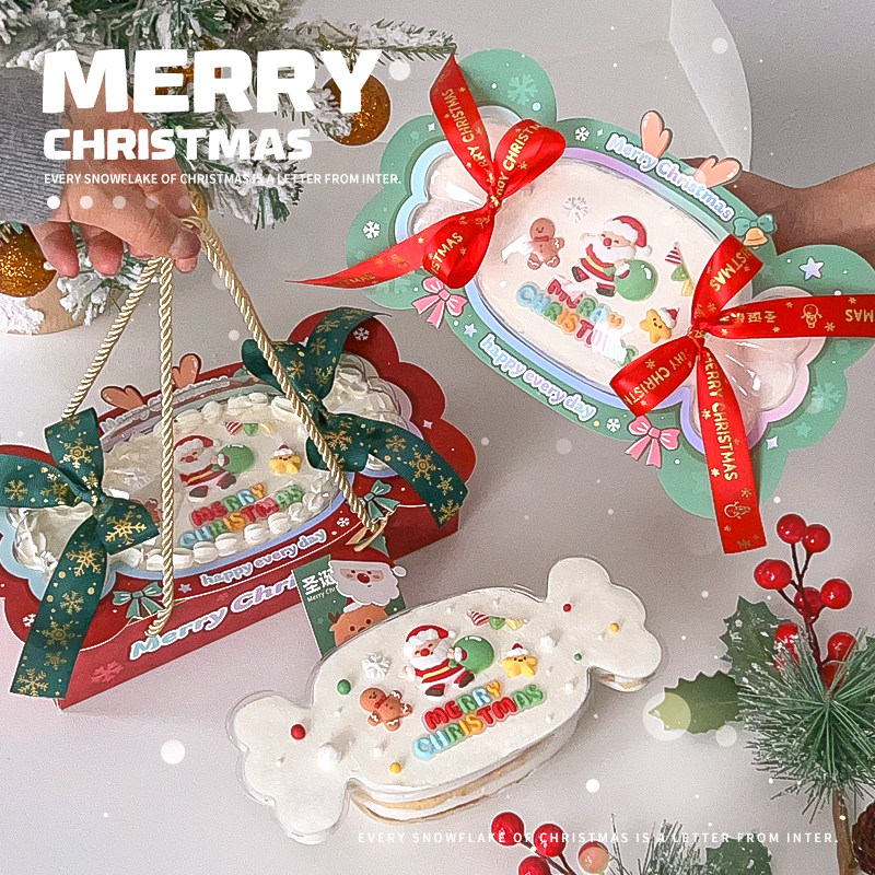 包邮2024网红圣诞节糖果手提蛋糕打包盒圣诞老人装饰摆件插件丝带