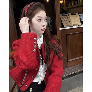 学院风红色小香风外套女秋冬新款气质编织粗花呢小个子短款上衣潮