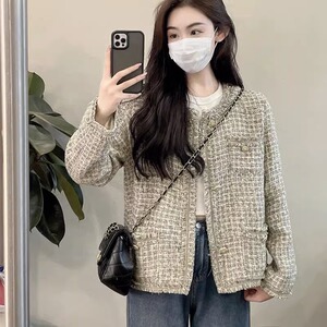 炸街甜美小香风外套女秋冬季新款高级感小个子粗花呢灰色短款上衣