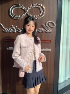 法式赫本风小个子开衫秋冬季淡紫色粗花呢小香风外套女小清新上衣