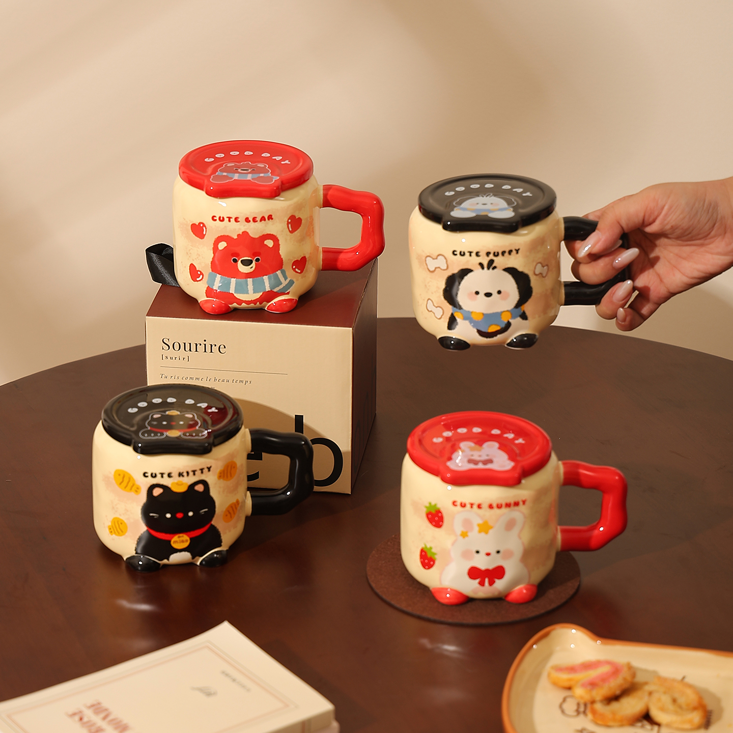 cookzone陶瓷创意卡通带盖马克杯