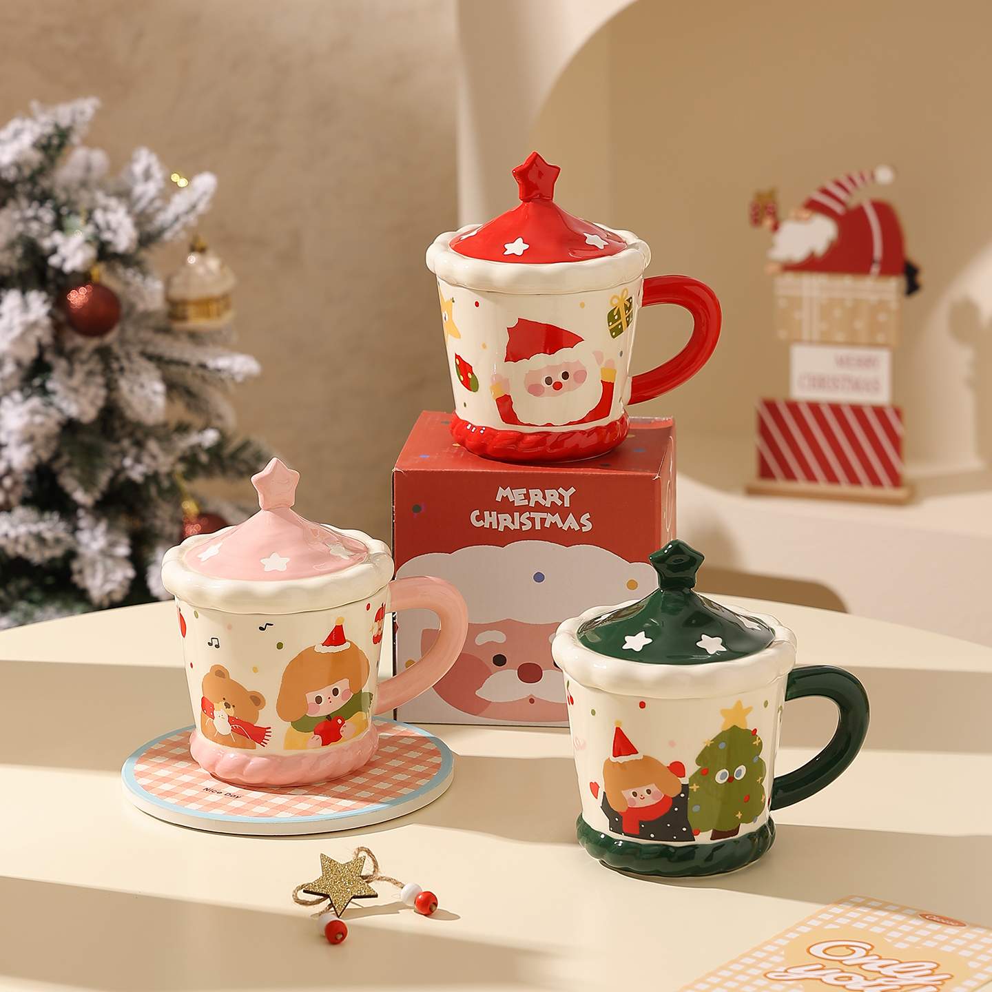 cookzone可爱圣诞礼物带盖马克杯