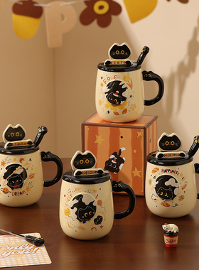 创意手机支架马克杯带盖带勺可爱小猫杯子女生高颜值陶瓷水杯家用