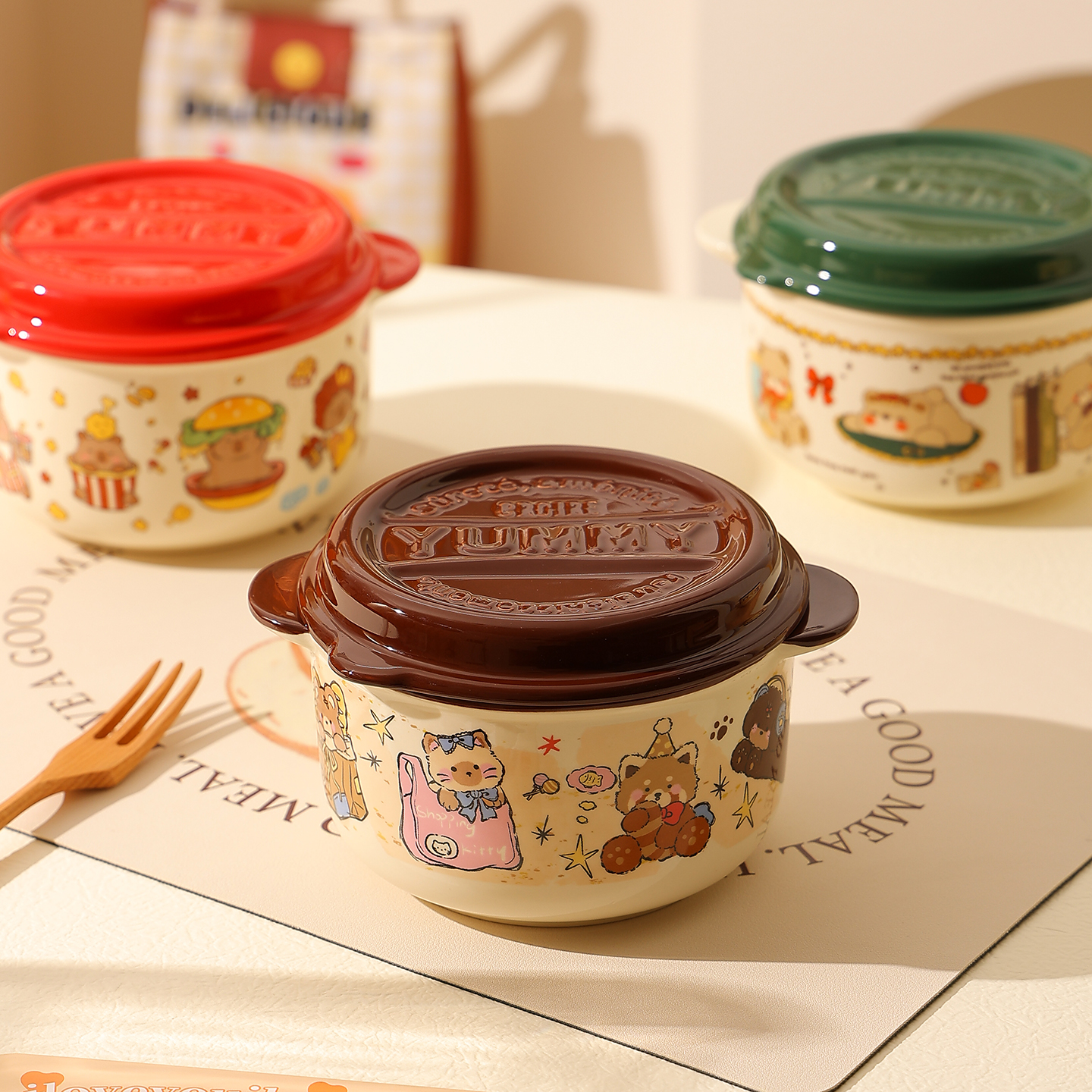 cookzone陶瓷可爱卡通带盖泡面碗