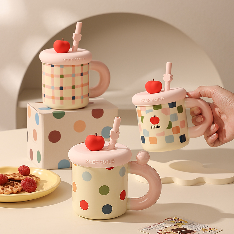 cookzone陶瓷可爱吸管带盖马克杯