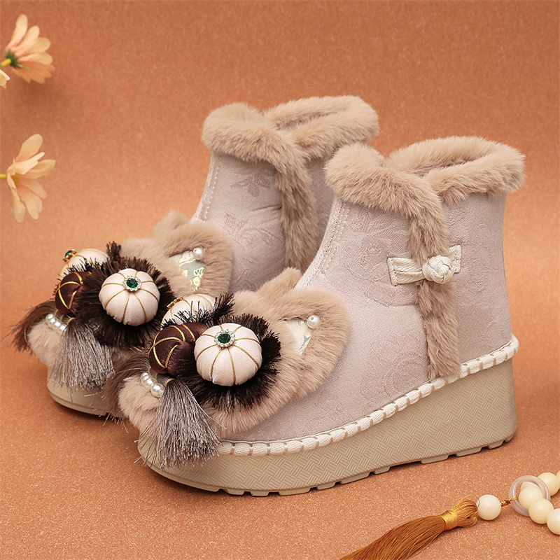 手工加绒保暖虎头鞋古风汉服短靴