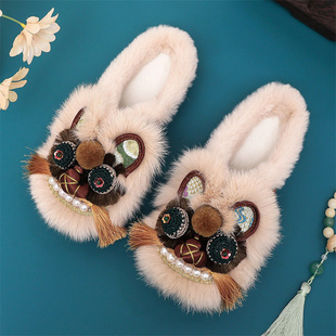 冬季加绒手工包头兔毛虎头棉拖鞋女古风保暖老北京中式绣花布拖鞋