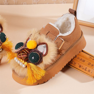 新款冬季手工加绒虎头鞋女中式民族风国潮汉服棉鞋厚底保暖勃肯鞋