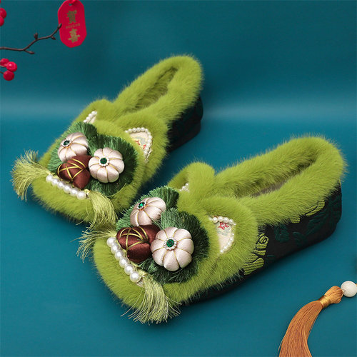 加绒冬季手工虎头鞋绣花女棉鞋