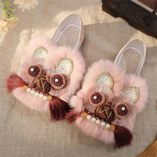 新款中式国潮软底手工虎头鞋女民族风老北京汉服布鞋古风绣花鞋子