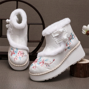 民族风冬季加绒老北京布靴松糕厚底女短靴汉服绣花鞋保暖旗袍棉靴