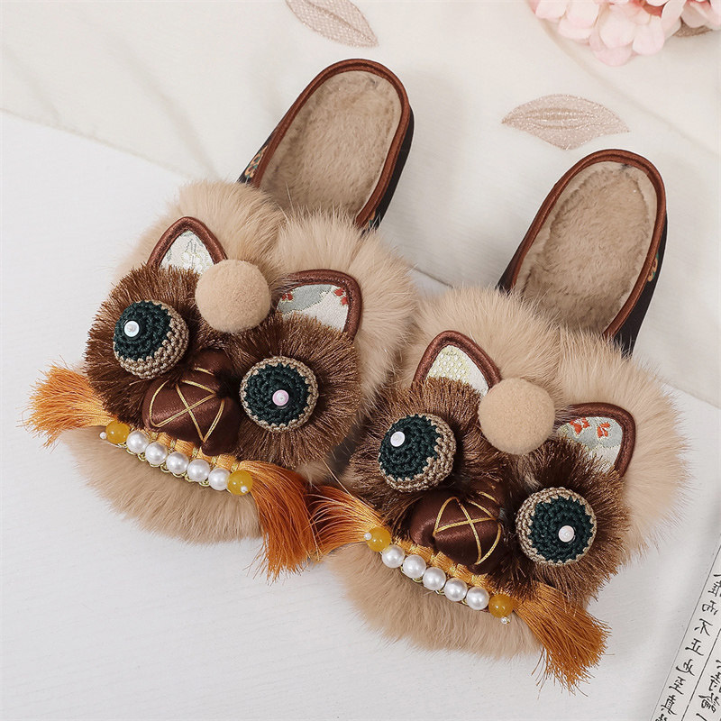 冬季国潮古风手工虎头棉拖鞋民族风加绒包头女拖鞋软底保暖汉服鞋