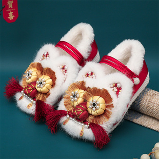冬季手工儿童加绒虎头鞋民族风宝宝拜年布鞋古风汉服绣花女童棉鞋