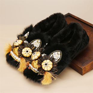 冬季民族风加绒保暖手工虎头鞋复古老北京布鞋软底汉服绣花女棉鞋