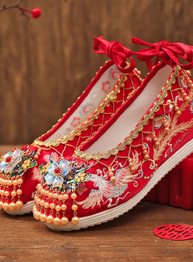 原创古风中式新娘秀禾婚鞋内增高绣花鞋女红色结婚鞋复古汉服鞋子