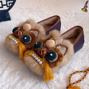 新中式冬季平跟手工虎头棉鞋加绒中国风汉服布鞋软底保暖绣花鞋女