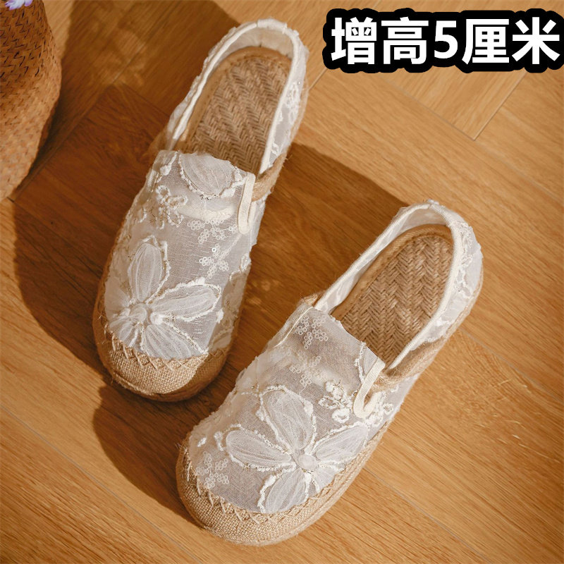 夏季内增高网纱老北京布鞋透气绣花女凉鞋亚麻民族风坡跟网面鞋子