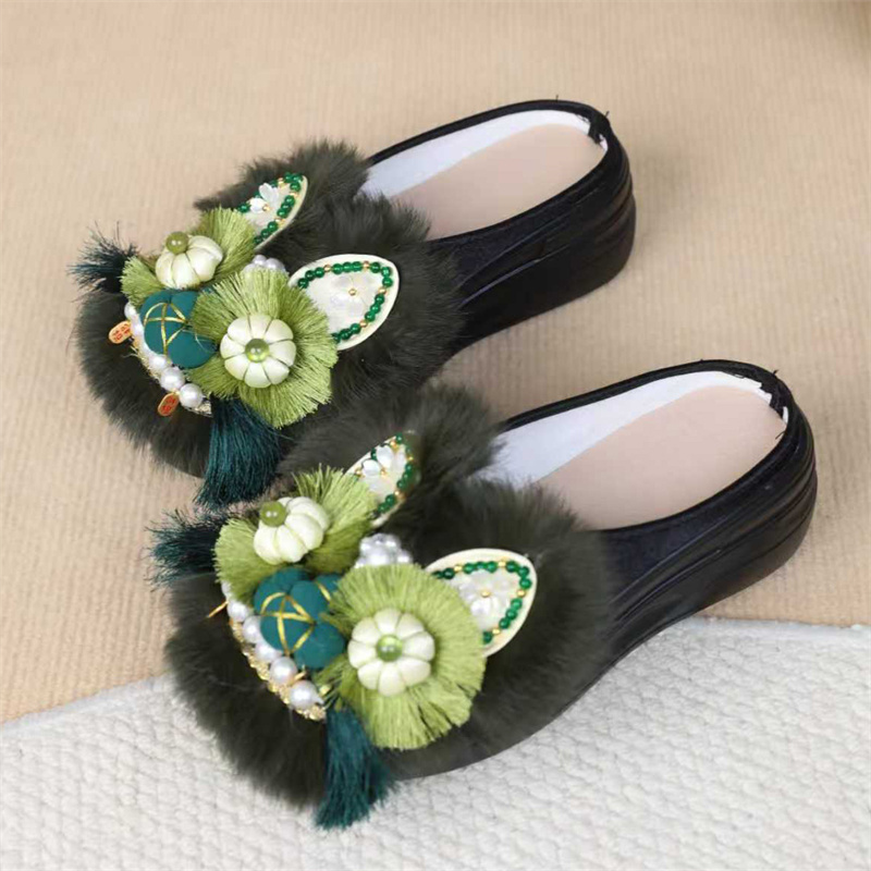 中国风包头半拖鞋女手工高跟布拖