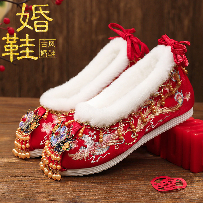 冬季加绒古风中式新娘秀禾婚鞋民族风绣花鞋女内增高红色汉服棉鞋,女鞋,传统布鞋,淘宝优惠券,粉丝福利购,淘宝优惠卷