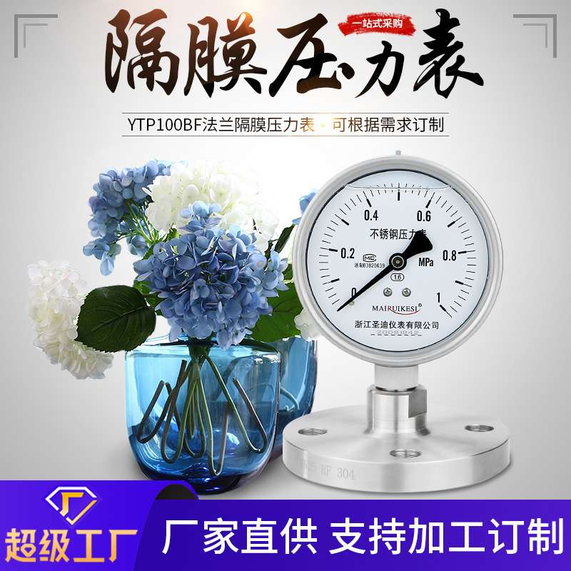 YTP100BF法兰连接DN25DN50316L衬四氟不锈钢耐震隔膜压力表