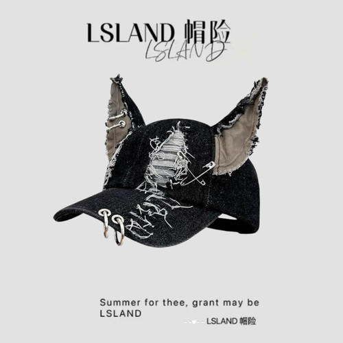 设计师y2k废土风个性铁环牛仔破洞棒球帽子女立体耳朵街头鸭舌帽