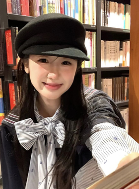 fever同款~黑色羊毛呢报童帽子女秋冬法式鸭舌帽显脸小贝雷帽礼帽
