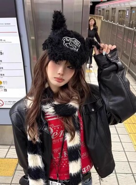 暴走日记~Y3K别碰我辣妹兔耳朵棒球帽女冬季保暖亚比设计毛绒帽子