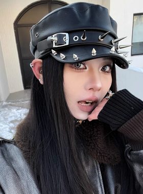 朋克铆钉亚文化鸭舌海军画家帽女y2k暗黑复古显脸小皮质贝雷帽子