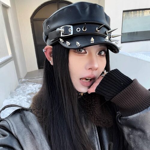 朋克铆钉亚文化鸭舌海军画家帽女y2k暗黑复古显脸小皮质贝雷帽子