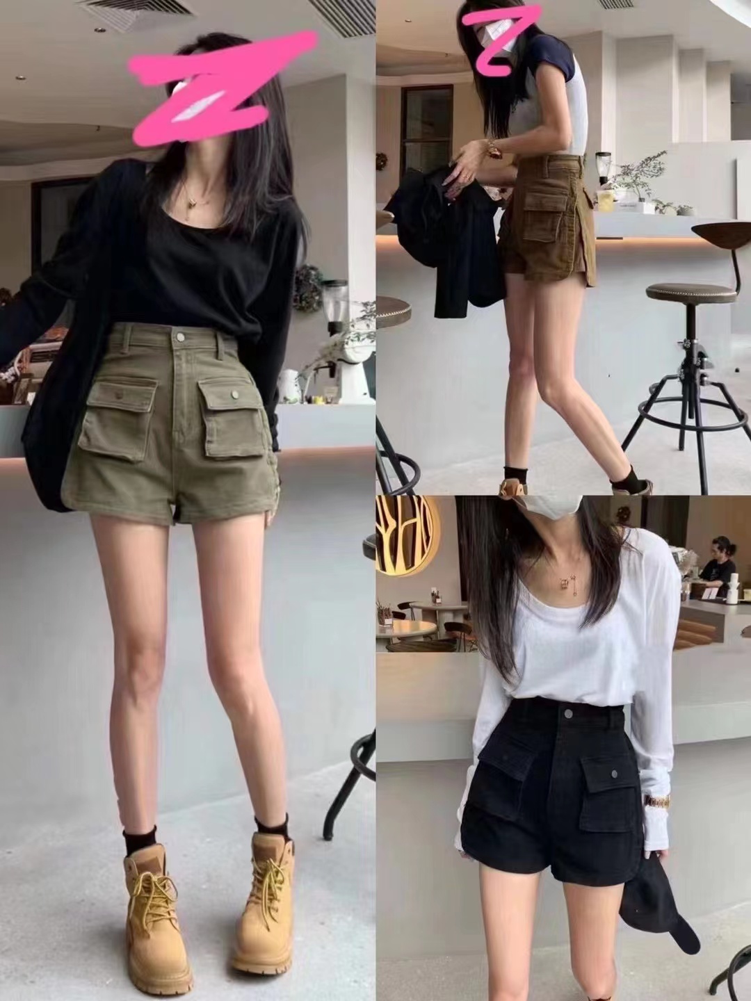 大口袋绿色工装牛仔短裤女