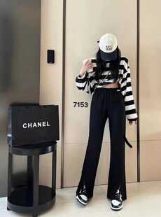 红果儿黑色开叉微喇裤女秋冬大码胖mm垂感高腰直筒西装阔腿裤子