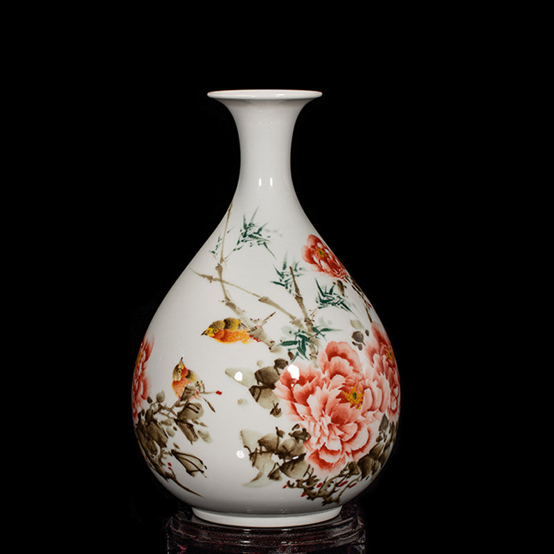 景德镇陶瓷手绘牡丹花瓶中式插花瓷瓶客厅餐桌面小号装饰瓷器摆件