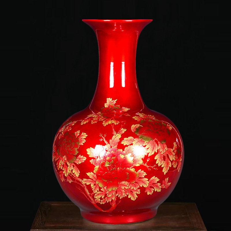 景德镇陶瓷器新中式家居装饰品客厅插花摆件中国红色落地大号花瓶