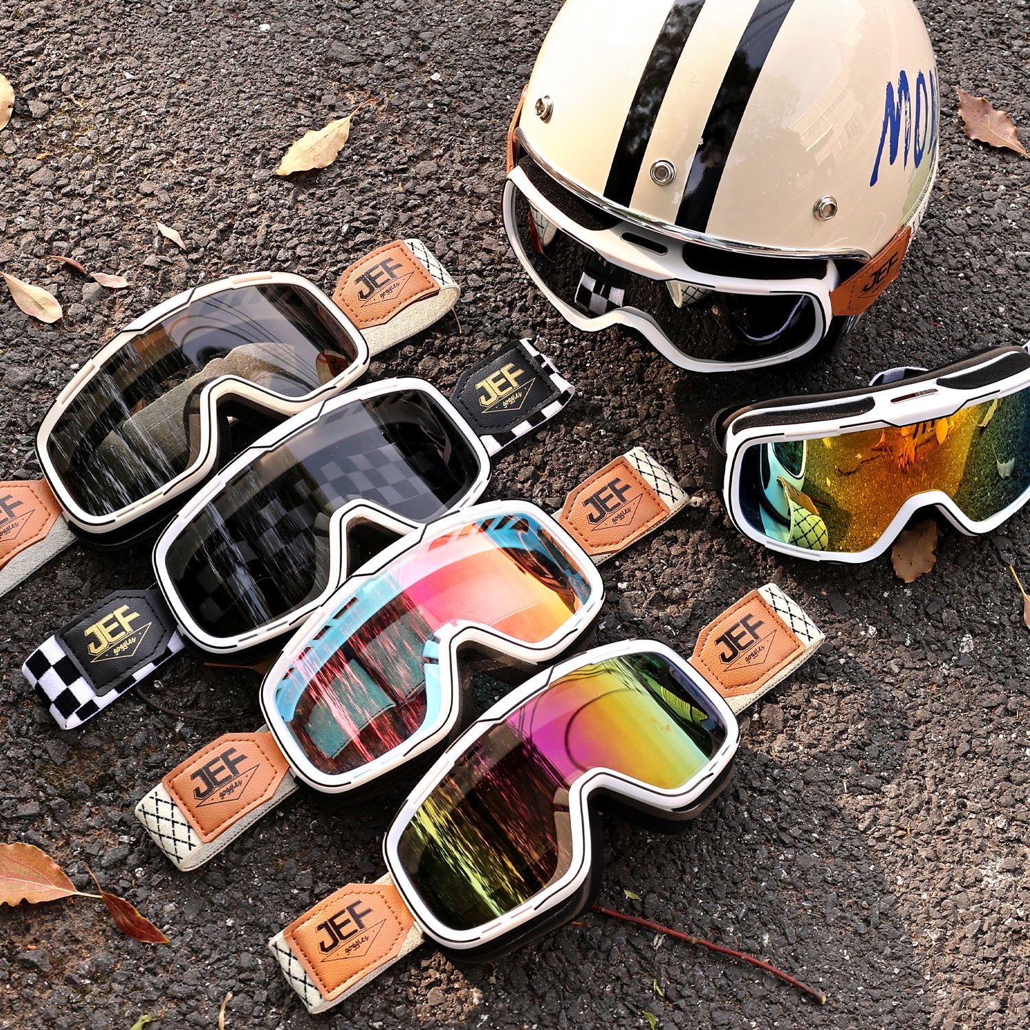 正品JKZ联名JEF摩托车风镜变色眼镜骑行防晒复古四分之三盔护目镜