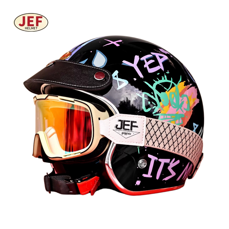 台湾JEF复古头盔炫彩狂想米白涂鸦3C电动摩托车3/4盔男女通用四季