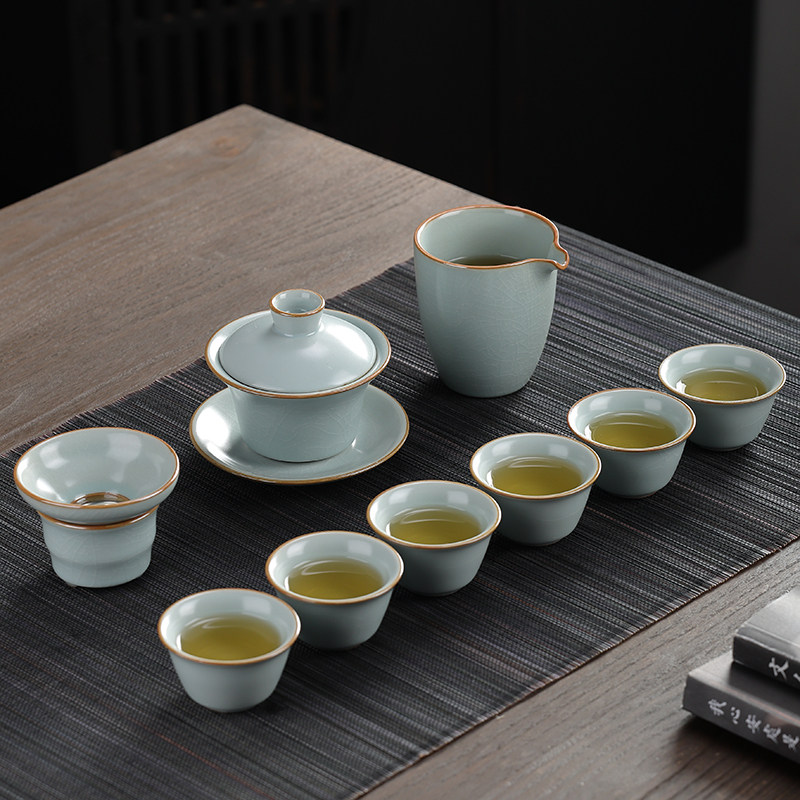 汝窑整套功夫茶具盖碗套装天青色开片可养家用10头组合礼品套装