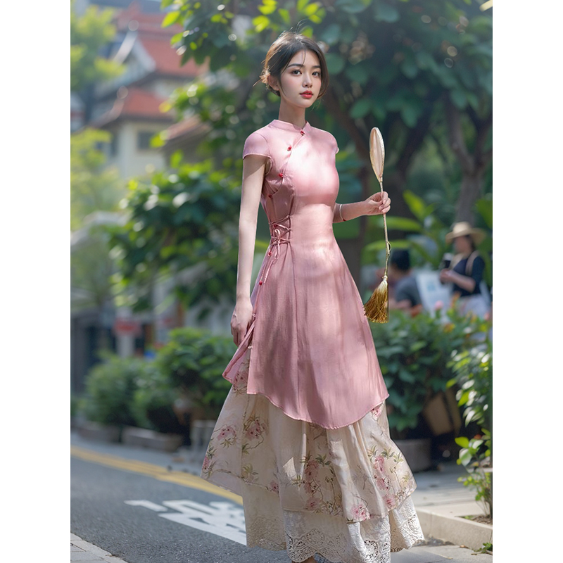 《小桃灼灼》新中式改良旗袍+印花两件套收腰高级感文艺少女套装