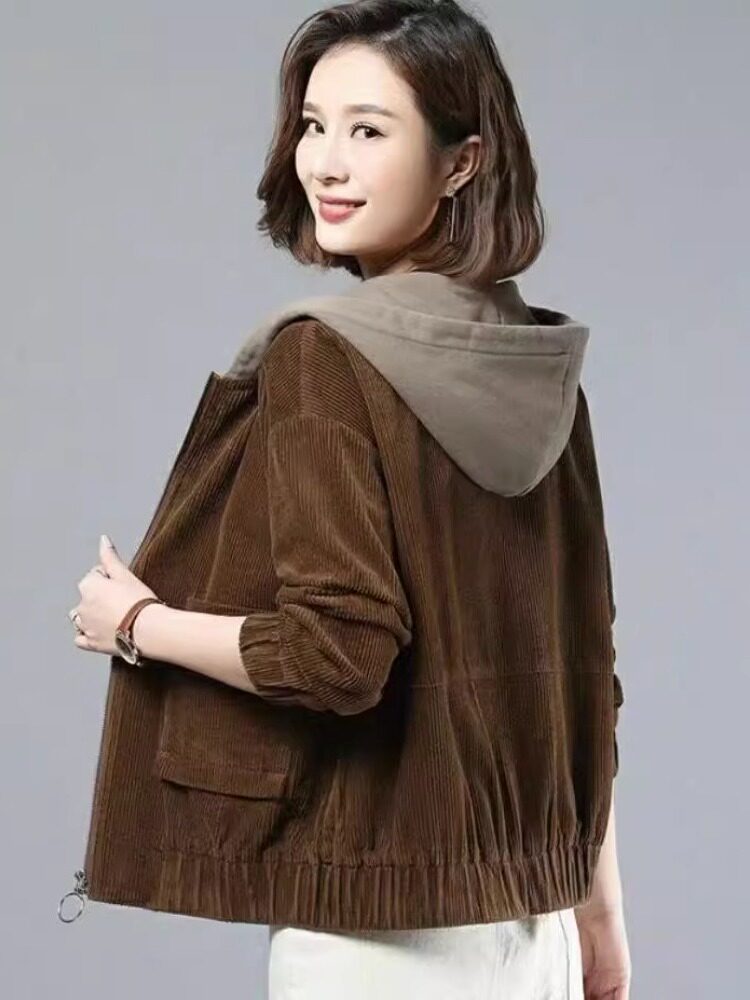 FLEECE THICKENED CORDUROY JACKET FOR FEMALE MOTHERS FASHIONABLE KOREAN VERSION OF LOOSE HOODED COMPOSITE JACKETS VERSATILE TEMPERAMENT