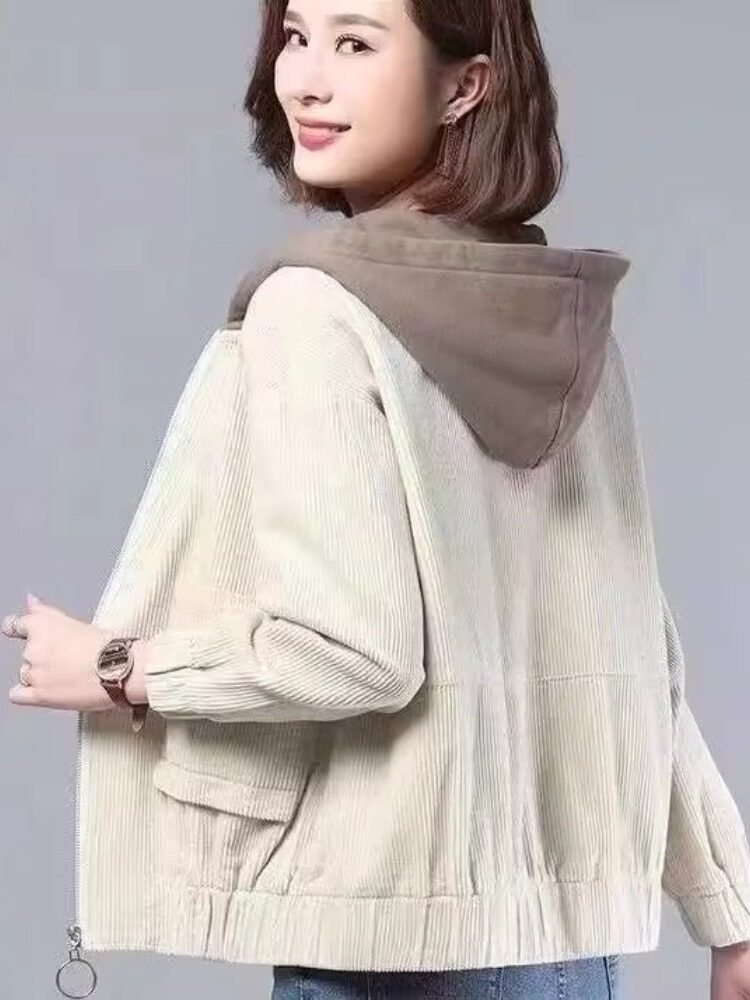 FLEECE THICKENED CORDUROY JACKET FOR FEMALE MOTHERS FASHIONABLE KOREAN VERSION OF LOOSE HOODED COMPOSITE JACKETS VERSATILE TEMPERAMENT