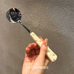 这圆头勺有点高级了！可爱陶瓷奶酪勺子304不锈钢勺喝汤勺吃饭勺