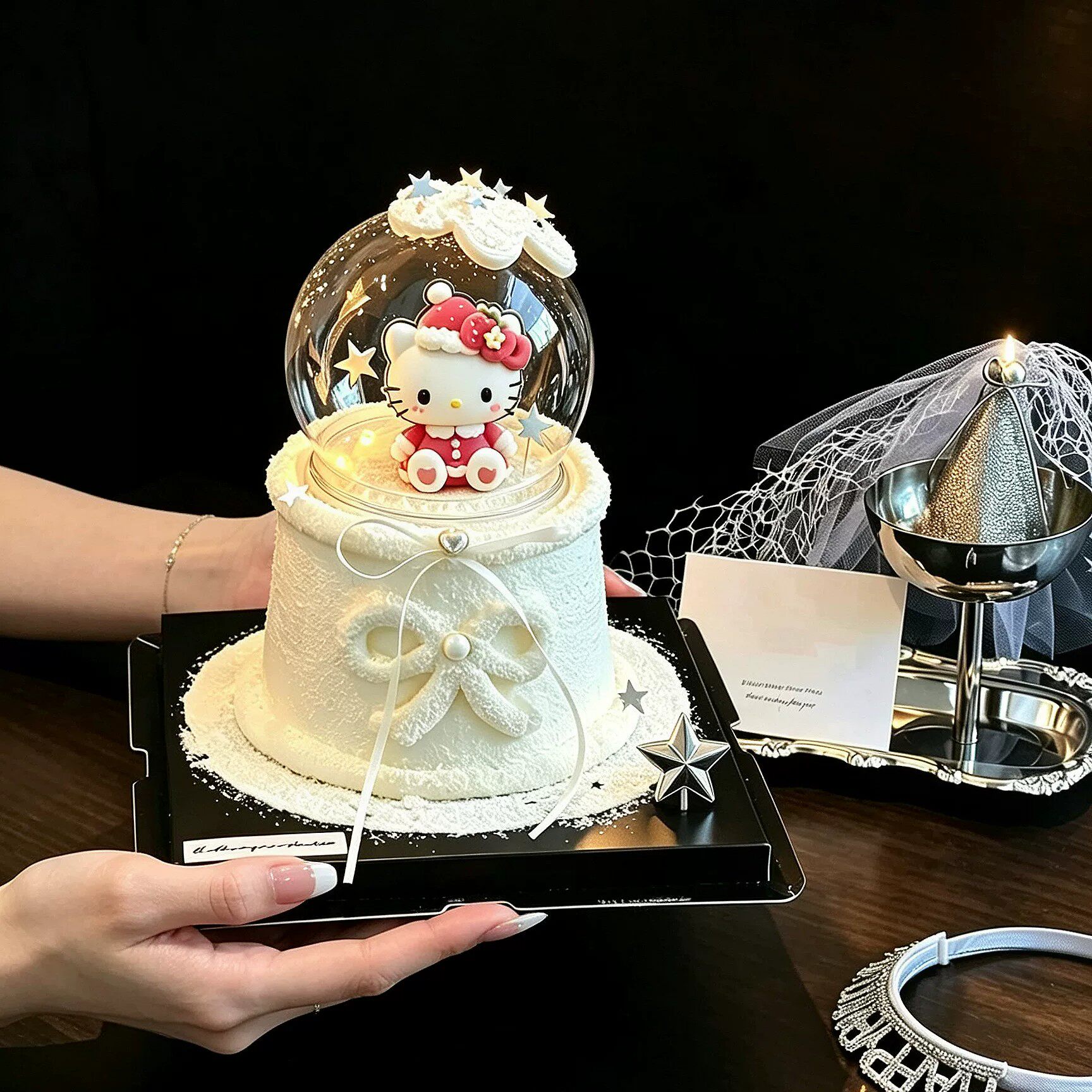 网红圣诞节蛋糕装饰摆件水晶球透明罩玻璃罩情人节生日猫咪插件