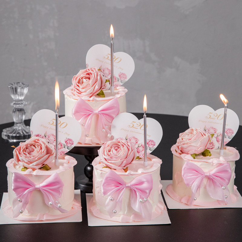 520情人节蛋糕装饰爱心玫瑰花卡片插牌唯美珍珠蝴蝶结装扮插件