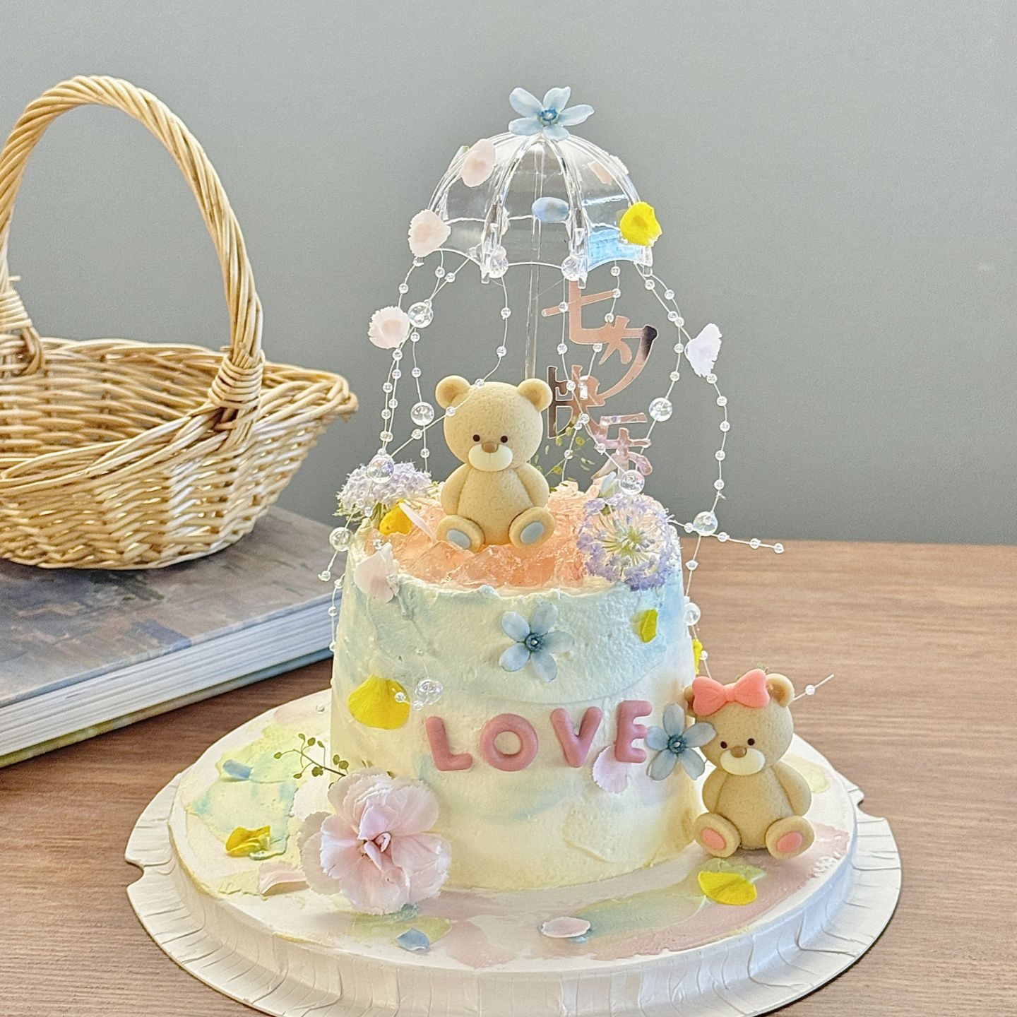 七夕情人节情侣小熊蛋糕装饰炫彩透明小雨伞情侣表白节日甜品插件