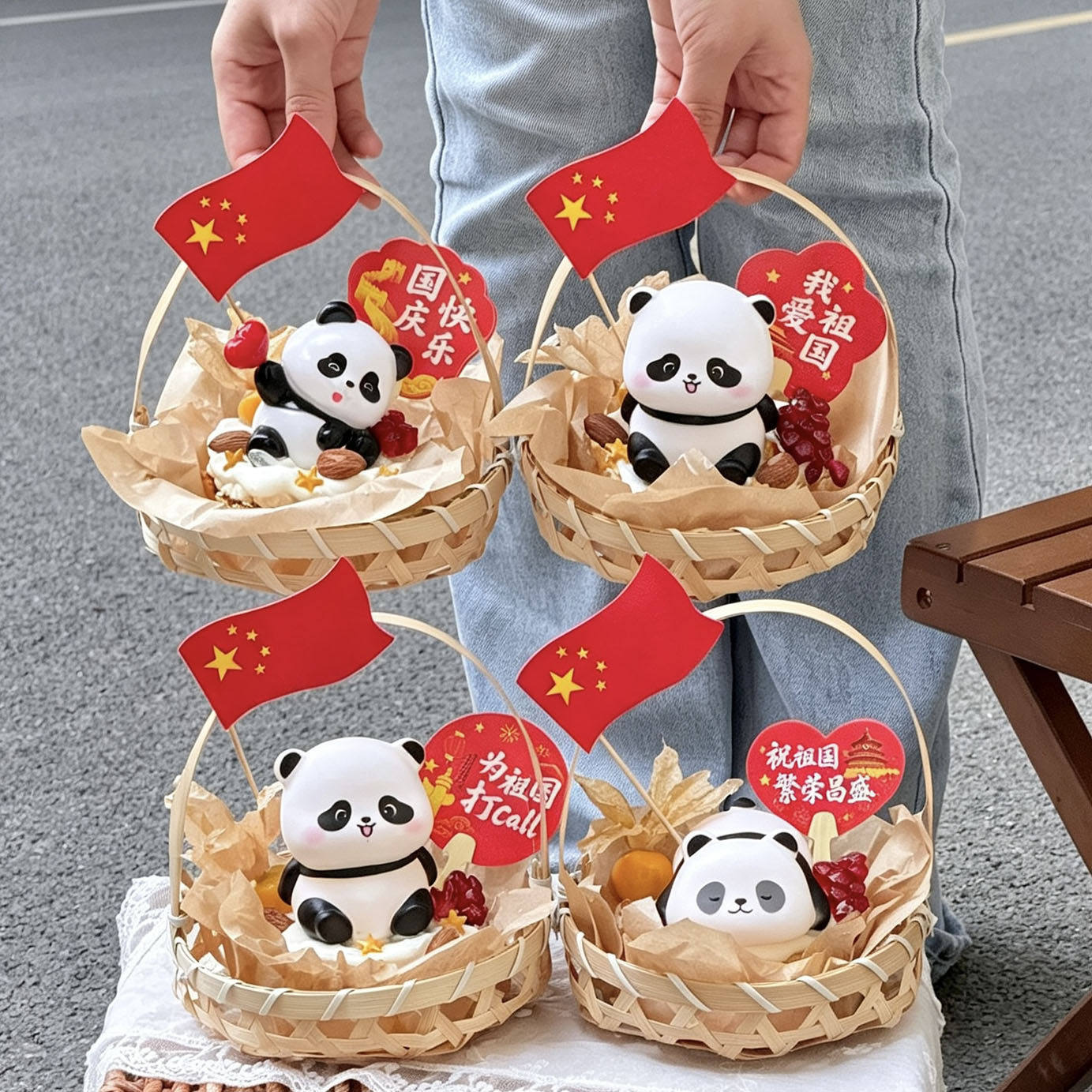 10.1国庆节手提竹篮蛋糕装饰繁荣昌盛扇子插件发光灯熊猫烘焙摆件